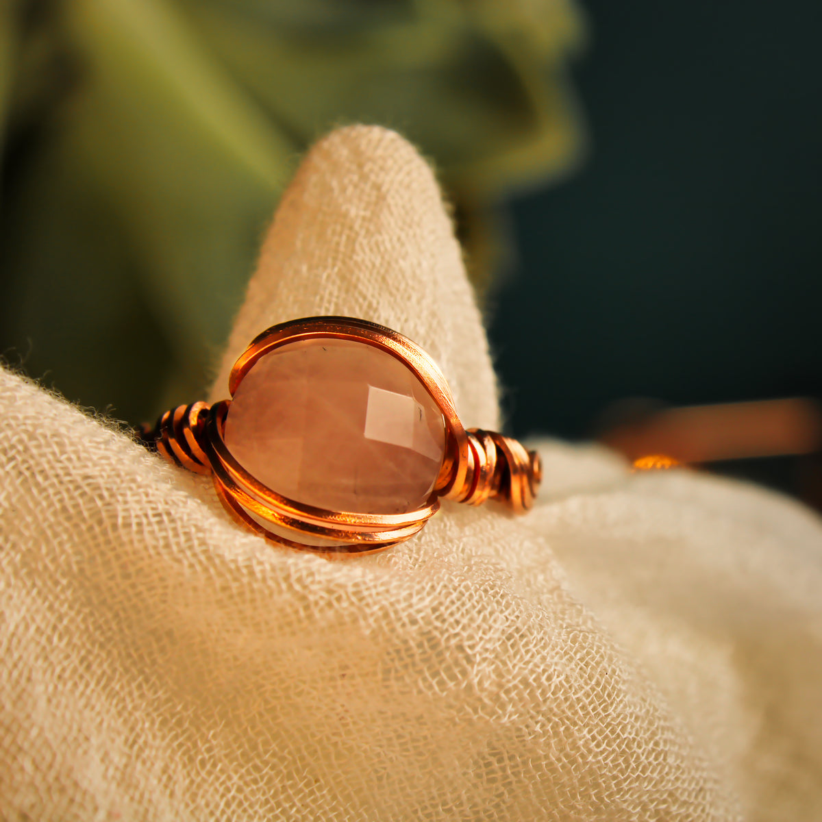 Faceted Pink Rose Quartz Gemstone in Polished Copper Wire Handcraft Nova Fire Jewellery