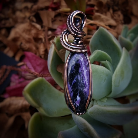 Nova Fire Jewellery Pendant - Deep Purple Russian Charoite Gemstone in Coiled Antiqued, Polished Pure Copper Wire - Handcrafted, Wire Wrapped Pendant