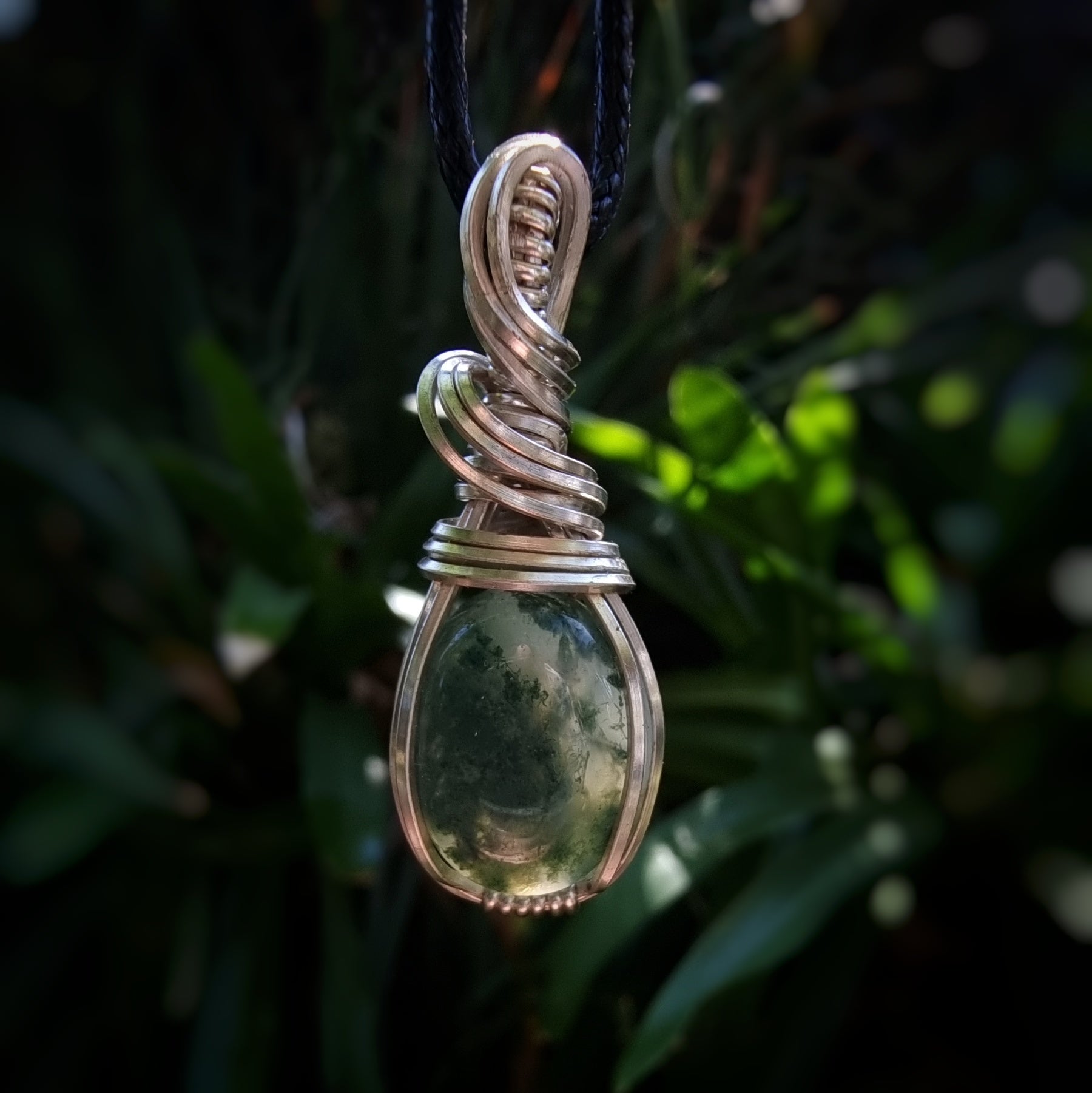 Nova Fire Jewellery Pendant - Forest Green Moss Agate Gemstone in Silver Plated Copper Wire - Handcrafted, Wire Wrapped Pendant