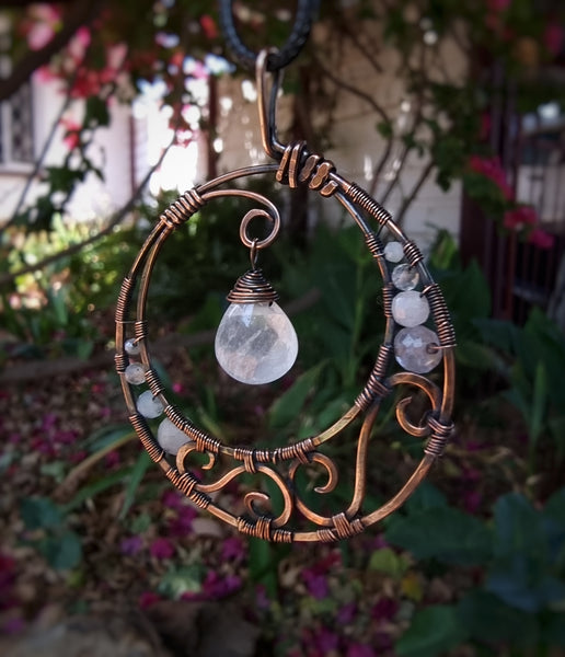 Nova Fire Jewellery Pendant - Clear Quartz Dangle Moon with Morganite, Fluorite and Moonstone beadsGemstone in Coiled Antiqued, Polished Pure Copper Wire - Handcrafted, Wire Wrapped Pendant