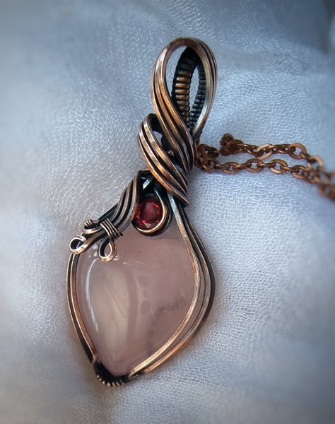 Nova Fire Jewellery Pendant - Faceted Garnet and Rose Quartz Heart Gemstones in Antiqued, Polished Pure Copper Wire - Handcrafted, Wire Wrapped Pendant