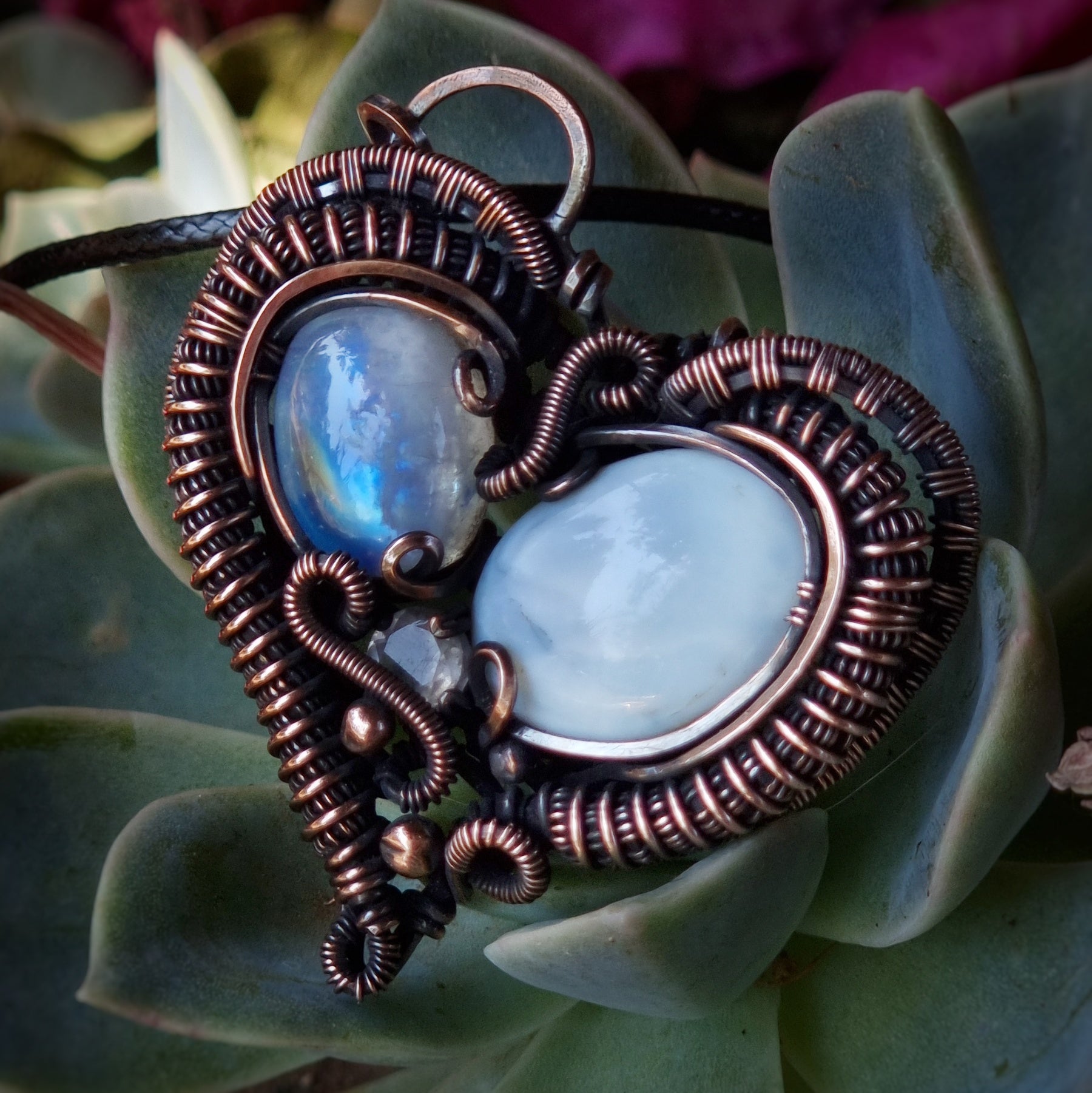 Nova Fire Jewellery Pendant - Blue Opal, Blue Moonstone and Faceted Clear Quartz Gemstones in Coiled, Antiqued, Polished Pure Copper Wire - Handcrafted, Wire Wrapped Pendant