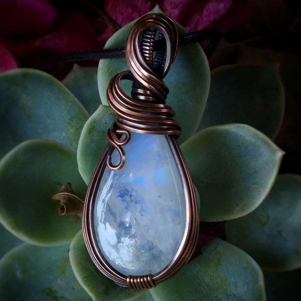 Nova Fire Jewellery Pendant - Rainbow Moonstone Gemstone in Antiqued, Polished Pure Copper Wire - Handcrafted, Wire Wrapped Pendant