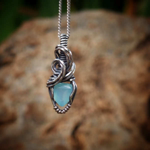 Nova Fire Jewellery Pendant - Rare Aqua Peruvian Blue Opal Gemstone in Antiqued Sterling Silver Wire - Handcrafted, Wire Wrapped Pendant