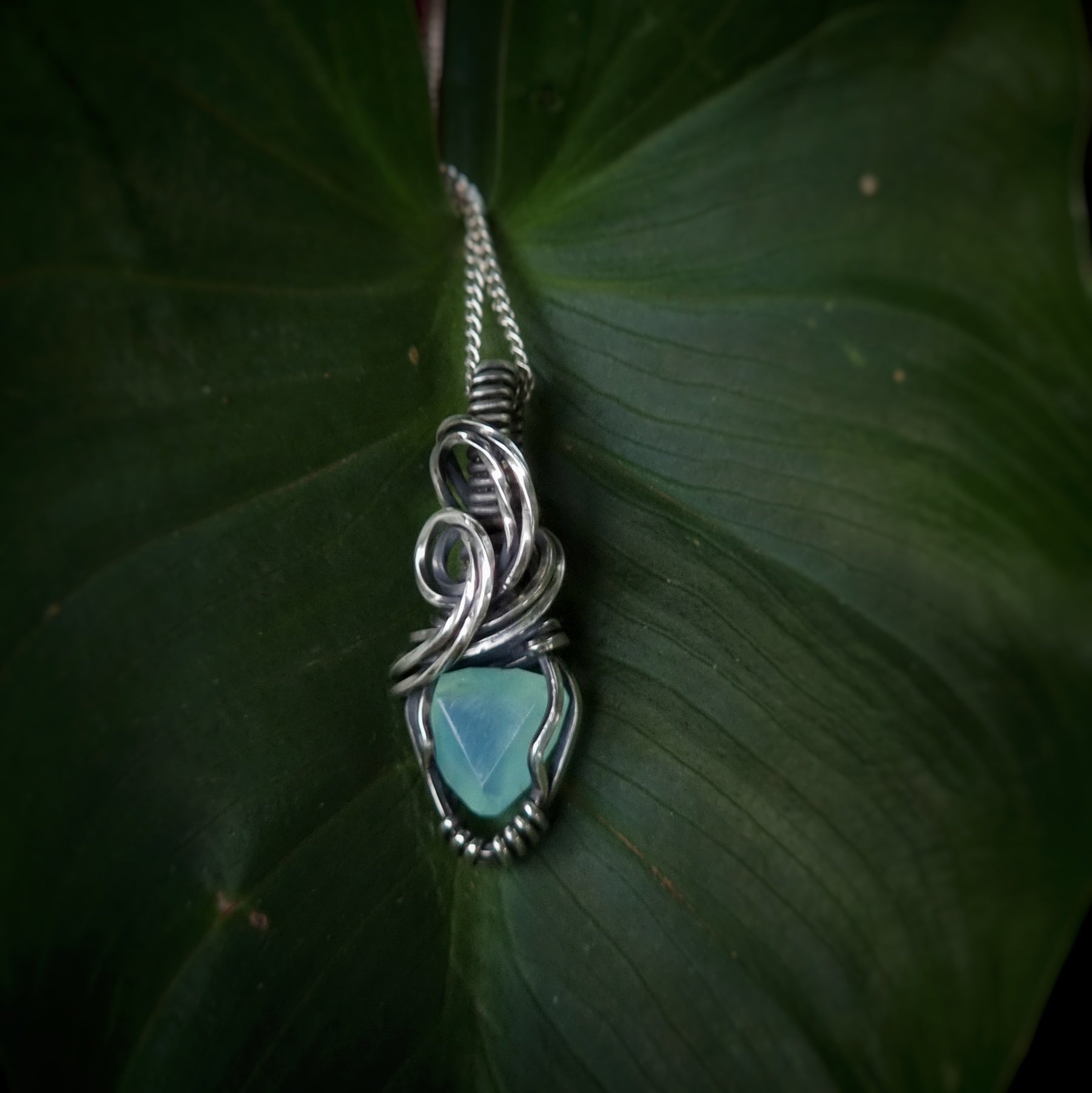 Nova Fire Jewellery Pendant - Rare Aqua Peruvian Blue Opal Gemstone in Antiqued Sterling Silver Wire - Handcrafted, Wire Wrapped Pendant