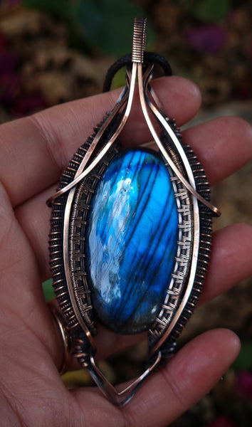 Nova Fire Jewellery Pendant - Bright Blue Labradorite Gemstone in Coiled Antiqued, Polished Pure Copper Wire - Handcrafted, Wire Wrapped Pendant