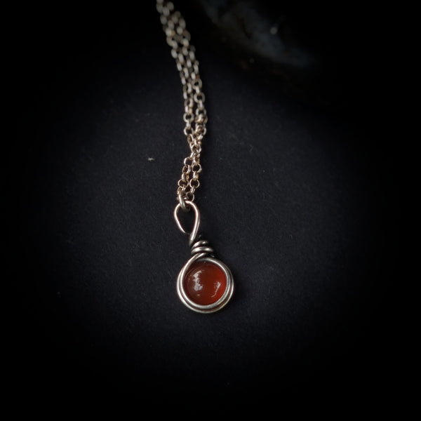 Nova Fire Jewellery Pendant - Deep Orange Carnelian Droplet Gemstone in Antiqued Sterling Silver Wire - Handcrafted, Wire Wrapped Pendant