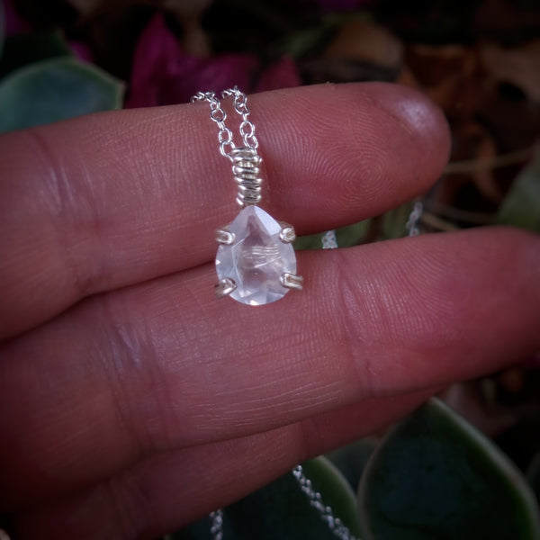 Nova Fire Jewellery Pendant - Clear Quartz Tear Drop in Woven Silver Plated Copper Wire - Handcrafted, Wire Wrapped Pendant