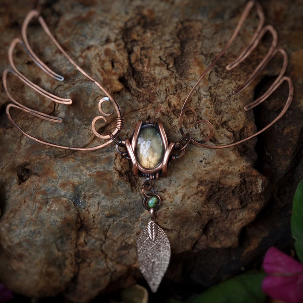 Nova Fire Jewellery Pendant - Yellow Labradorite and Ethiopian Opal Dangle Gemstone in Hammered Antiqued, Polished Pure Copper Angel Wings - Handcrafted, Wire Wrapped Pendant