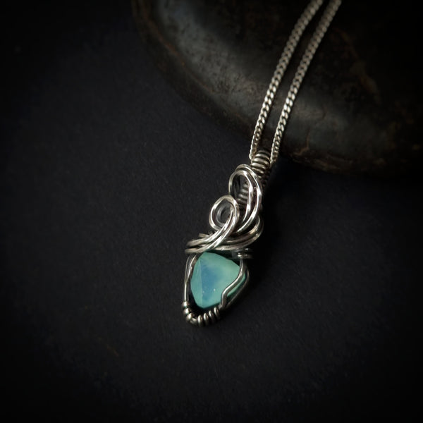 Nova Fire Jewellery Pendant - Rare Aqua Peruvian Blue Opal Gemstone in Antiqued Sterling Silver Wire - Handcrafted, Wire Wrapped Pendant