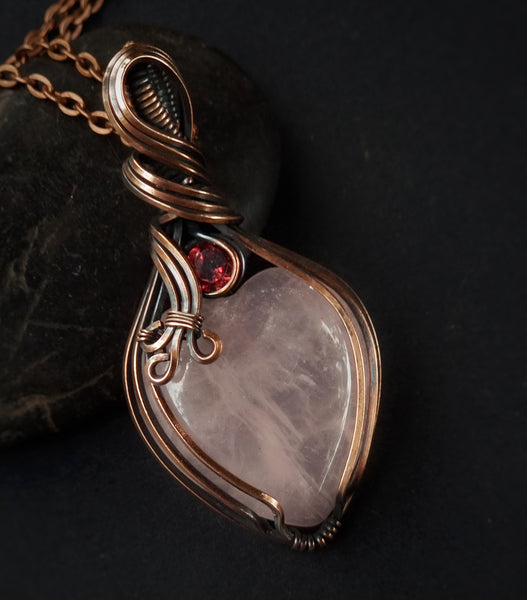 Nova Fire Jewellery Pendant - Faceted Garnet and Rose Quartz Heart Gemstones in Antiqued, Polished Pure Copper Wire - Handcrafted, Wire Wrapped Pendant