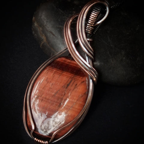 Nova Fire Jewellery Pendant - Deep Red Tiger's Eye Gemstone in Antiqued, Polished Pure Copper Wire - Handcrafted, Wire Wrapped Pendant