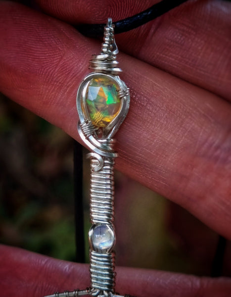 Nova Fire Jewellery Pendant - Ethiopian Opal Rosecut and Blue Moonstone Gemstones in Woven Silver Plated Copper Wire - Handcrafted, Wire Wrapped Pendant