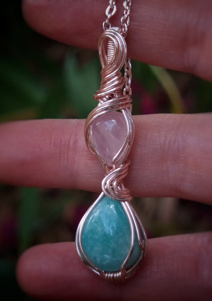 Nova Fire Jewellery Pendant - Rose Quartz and Amazonite Gemstones in Rose Gold Plated Wire - Handcrafted, Wire Wrapped Pendant