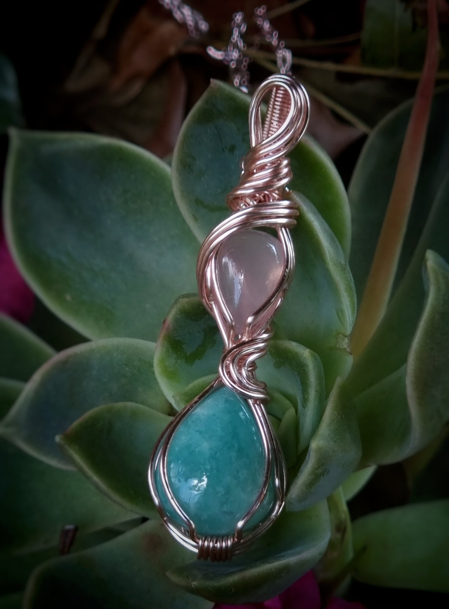 Nova Fire Jewellery Pendant - Rose Quartz and Amazonite Gemstones in Rose Gold Plated Wire - Handcrafted, Wire Wrapped Pendant