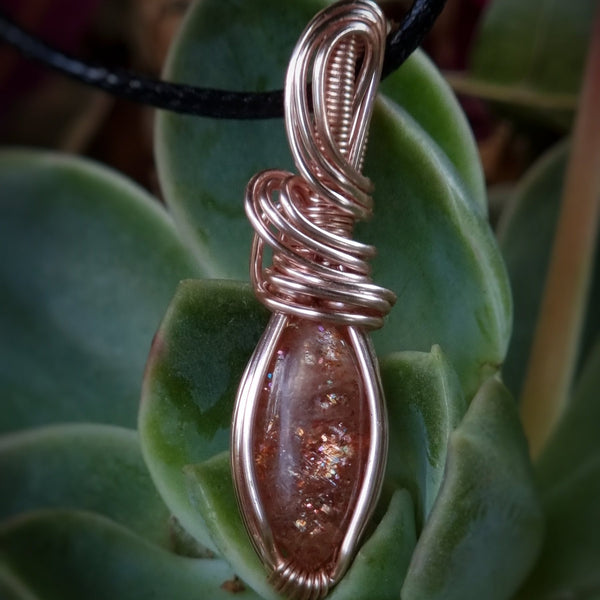 Nova Fire Jewellery Pendant - Orange Madras Sunstone Marquise Gemstone in Rose Gold Plated Copper Wire - Handcrafted, Wire Wrapped Pendant