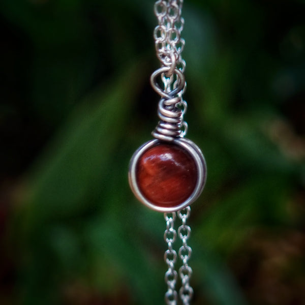 Nova Fire Jewellery Pendant - Red Tiger's Eye Gemstone in Antiqued, Polished Sterling Silver Wire - Handcrafted, Wire Wrapped Pendant