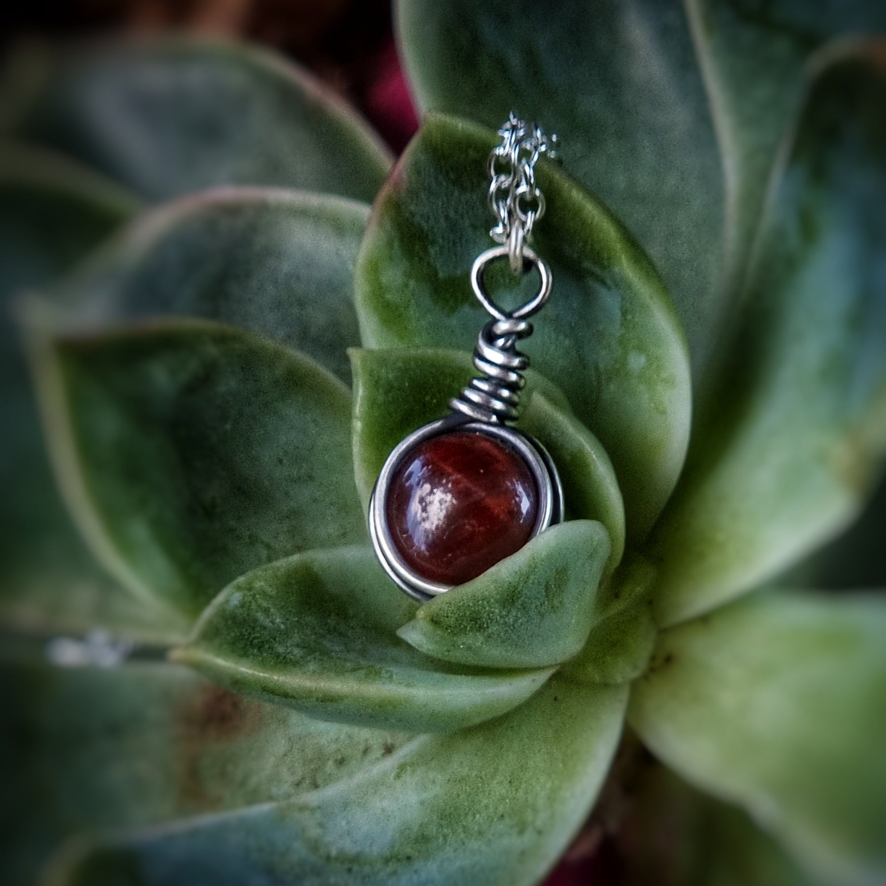 Nova Fire Jewellery Pendant - Red Tiger's Eye Gemstone in Antiqued, Polished Sterling Silver Wire - Handcrafted, Wire Wrapped Pendant