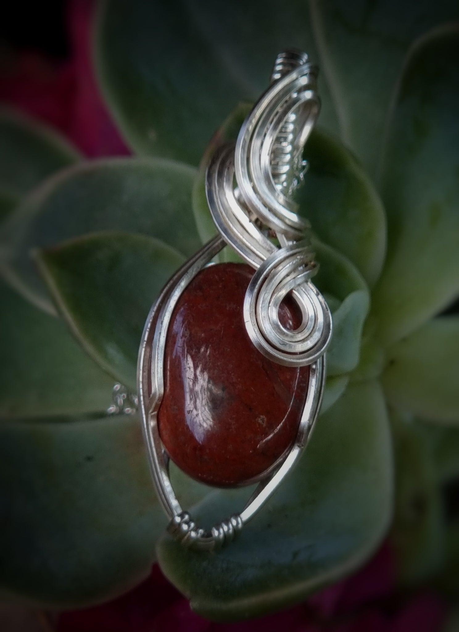 Nova Fire Jewellery Pendant - Red Jasper Gemstone in Silver Plated Copper Wire - Handcrafted, Wire Wrapped Pendant