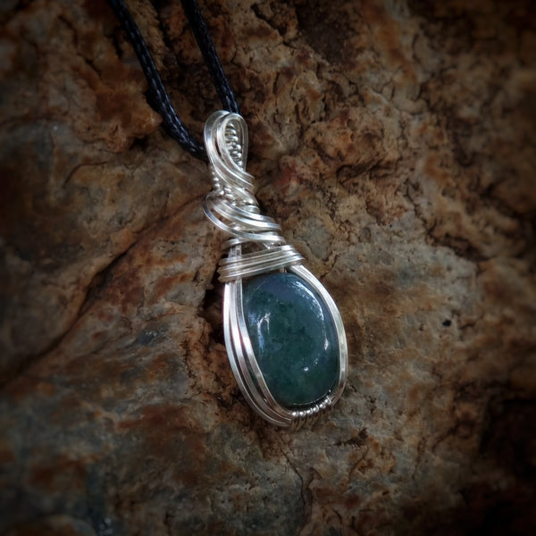 Nova Fire Jewellery Pendant - Forest Green Moss Agate Gemstone in Silver Plated Copper Wire - Handcrafted, Wire Wrapped Pendant