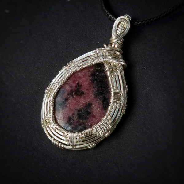 Nova Fire Jewellery Pendant - Deep Pink Rhodonite Gemstone in Woven Silver Plated Copper Wire - Handcrafted, Wire Wrapped Pendant