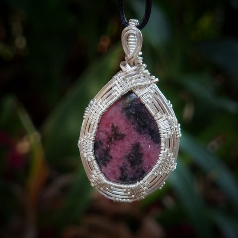 Nova Fire Jewellery Pendant - Deep Pink Rhodonite Gemstone in Woven Silver Plated Copper Wire - Handcrafted, Wire Wrapped Pendant