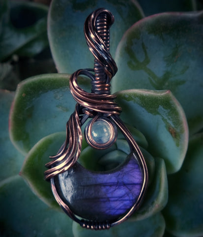 Deep Purple Labradorite Moon and Rainbow Moonstone Droplet Gemstone Handcrafted Pendant in Coiled, Antiqued and Polished Pure Copper Wire