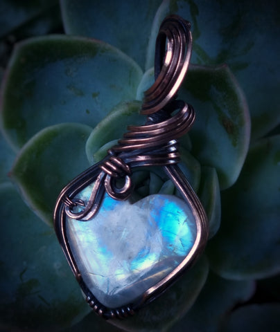 Heart Cut Rainbow Moonstone Gemstone Handcrafted Pendant in Coiled, Antiqued and Polished Pure Copper Wire