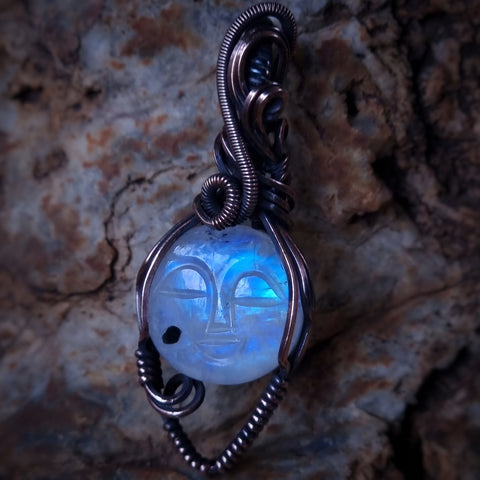 Nova Fire Jewellery Pendant - Blue Moonstone Carved Moonface Gemstone in Coiled, Antiqued, Polished Pure Copper Wire - Handcrafted, Wire Wrapped Pendant