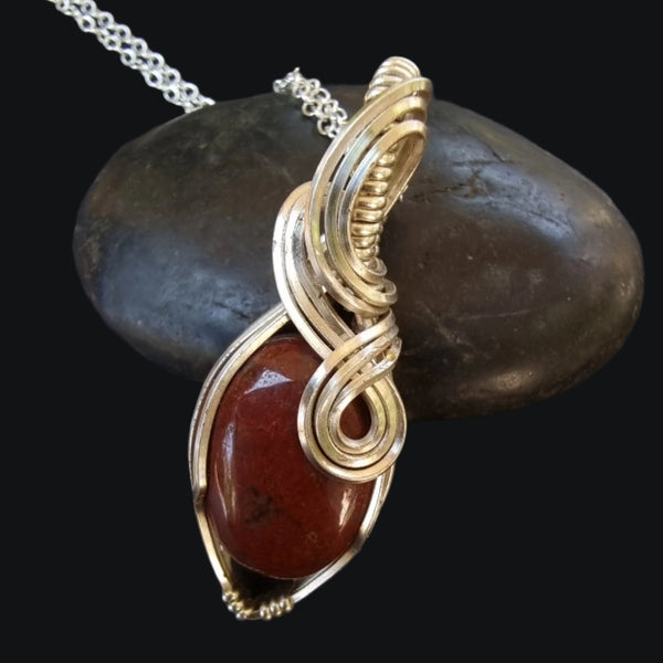 Nova Fire Jewellery Pendant - Red Jasper Gemstone in Silver Plated Copper Wire - Handcrafted, Wire Wrapped Pendant