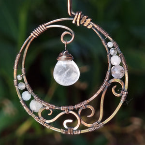 Nova Fire Jewellery Pendant - Clear Quartz Dangle Moon with Morganite, Fluorite and Moonstone beadsGemstone in Coiled Antiqued, Polished Pure Copper Wire - Handcrafted, Wire Wrapped Pendant