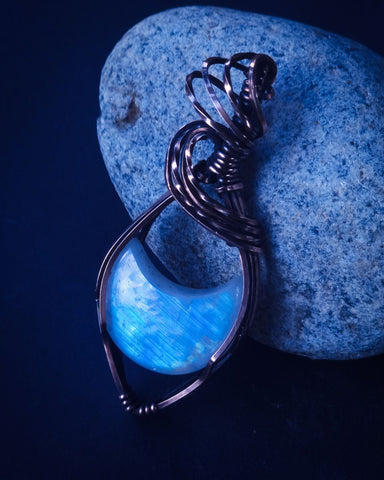 Blue Flash Moonstone Crescent Moon Gemstone Wire Wrapped In Polished Pure Copper Wire - Handcrafted Pendant