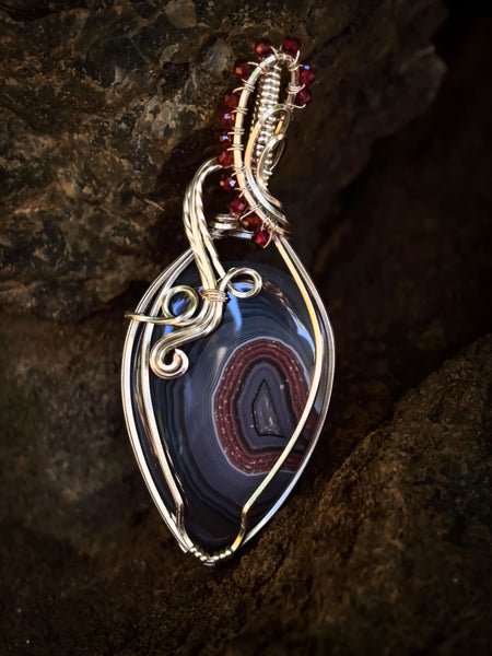 Crazy Lace Agate and Garnet Bead Gemstones Wire Wrapped In Silver Plated Copper Wire - Handcrafted Pendant