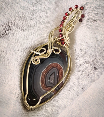 Crazy Lace Agate and Garnet Bead Gemstones Wire Wrapped In Silver Plated Copper Wire - Handcrafted Pendant