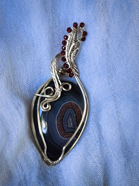 Crazy Lace Agate and Garnet Bead Gemstones Wire Wrapped In Silver Plated Copper Wire - Handcrafted Pendant