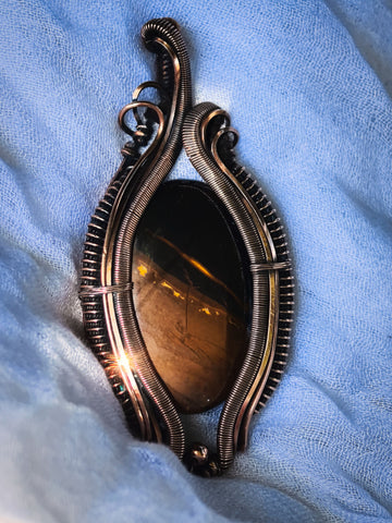 Desert Sunset Jasper Gemstone Wire Wrapped In Coiled, Woven Antiqued and Polished Copper Wire - Handcrafted Pendant