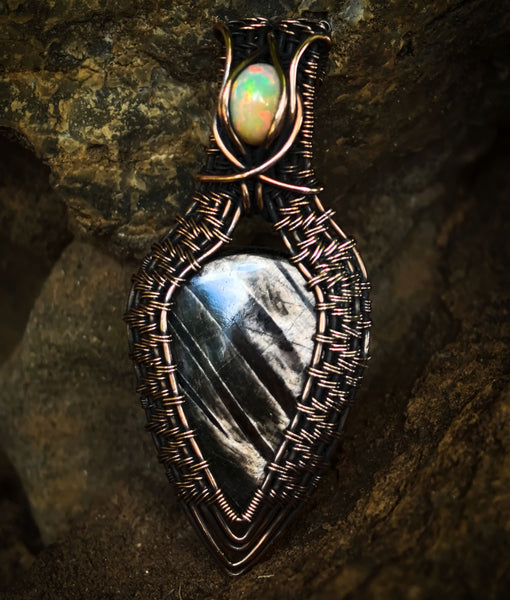 Hypersthene Tear Drop and Ethiopian Opal Gemstones Wire Wrapped In Antiqued and Polished Copper Wire - Handcrafted Pendant