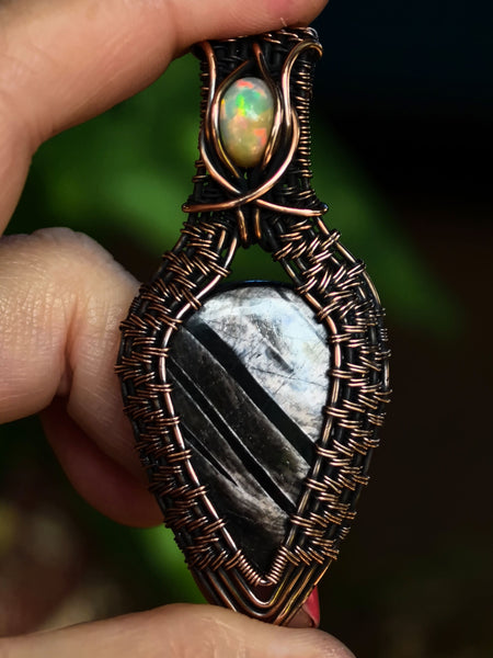 Hypersthene Tear Drop and Ethiopian Opal Gemstones Wire Wrapped In Antiqued and Polished Copper Wire - Handcrafted Pendant