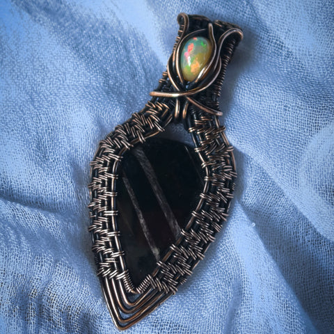 Hypersthene Tear Drop and Ethiopian Opal Gemstones Wire Wrapped In Antiqued and Polished Copper Wire - Handcrafted Pendant