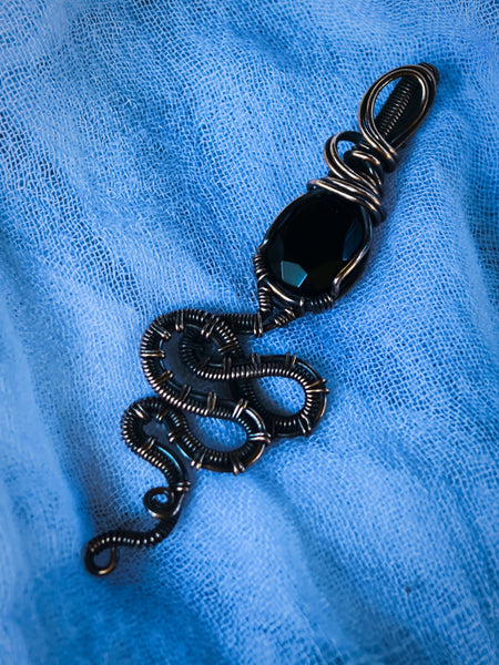 Faceted Black Onyx Wire Wrapped In Antiqued and Polished Copper Wire - Handcrafted Pendant
