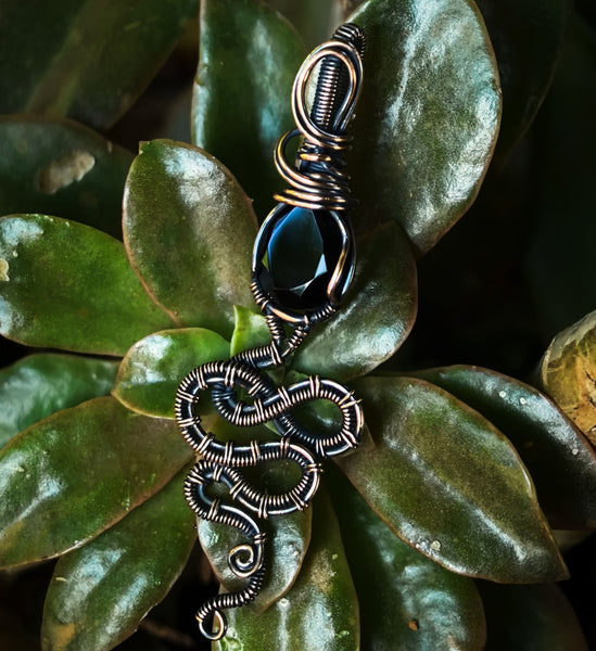 Faceted Black Onyx Wire Wrapped In Antiqued and Polished Copper Wire - Handcrafted Pendant