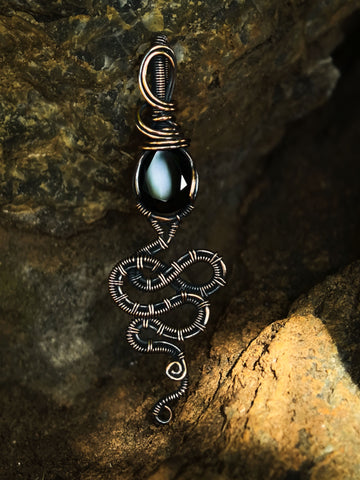 Faceted Black Onyx Wire Wrapped In Antiqued and Polished Copper Wire - Handcrafted Pendant