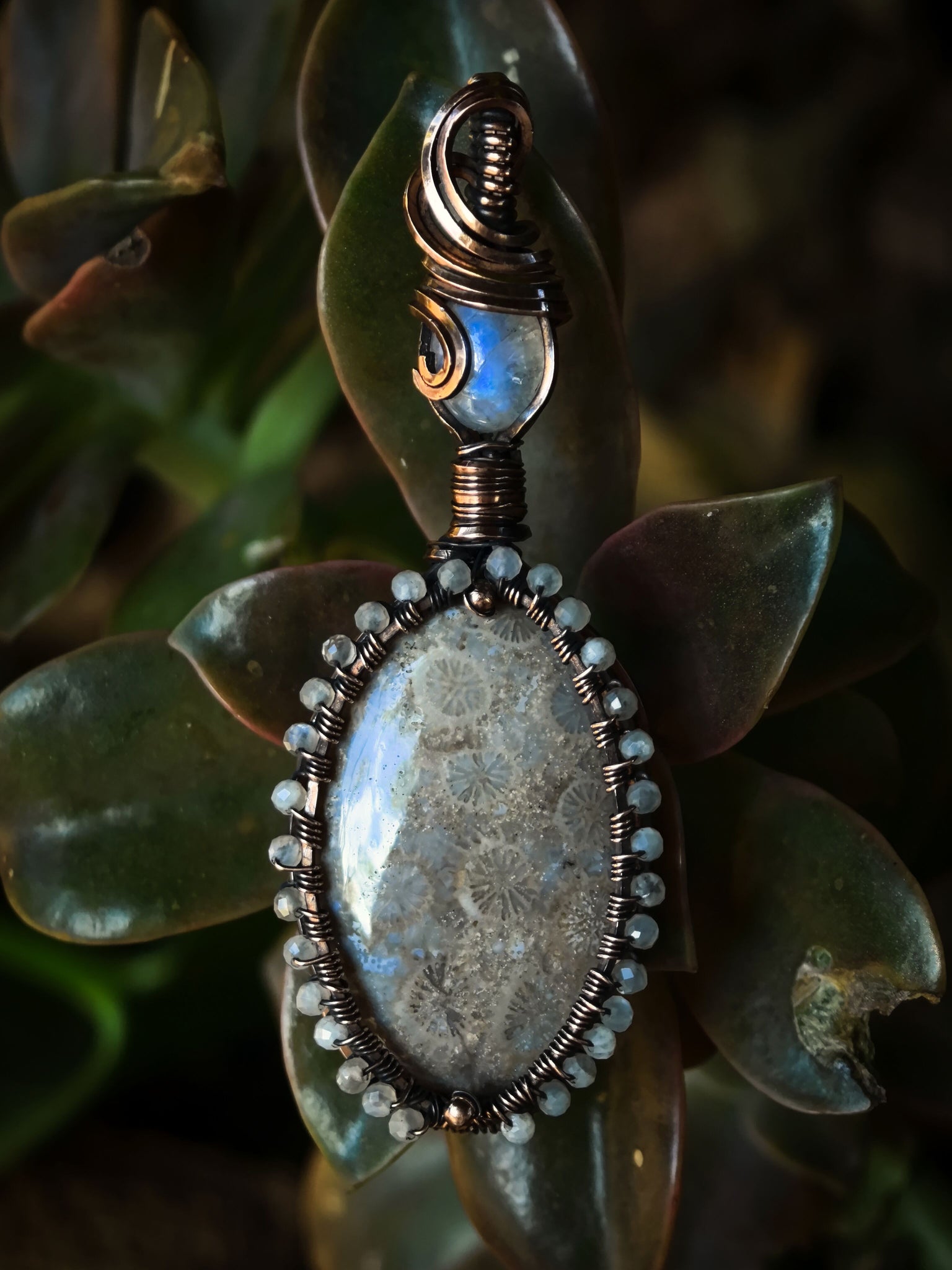 Fossilized Coral, Blue Moonstone and Moonstone Beads Wire Wrapped In Coiled, Woven Antiqued and Polished Copper Wire - Handcrafted Pendant