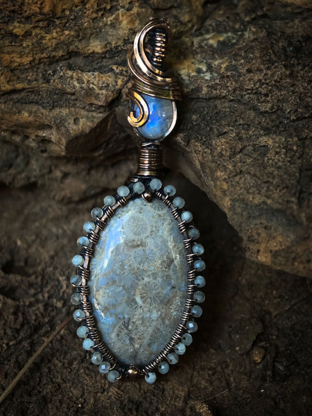 Fossilized Coral, Blue Moonstone and Moonstone Beads Wire Wrapped In Coiled, Woven Antiqued and Polished Copper Wire - Handcrafted Pendant
