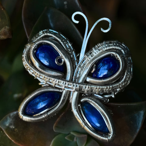 Lapis Lazuli Gemstones Butterfly Wire Wrapped In Silver Plated Copper Wire - Handcrafted Pendant