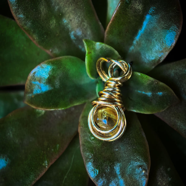 Golden Rutilated Quartz Wire Wrapped In Gold Coloured Copper Wire - Handcrafted Pendant