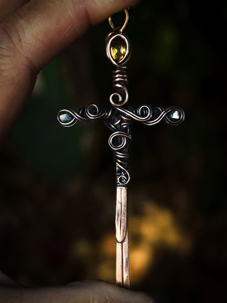 Faceted Honey Citrine Sword Wire Wrapped In Coiled, Woven Antiqued and Polished Copper Wire - Handcrafted Pendant