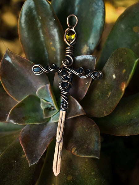 Faceted Honey Citrine Sword Wire Wrapped In Coiled, Woven Antiqued and Polished Copper Wire - Handcrafted Pendant