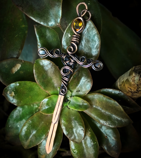 Faceted Honey Citrine Sword Wire Wrapped In Coiled, Woven Antiqued and Polished Copper Wire - Handcrafted Pendant