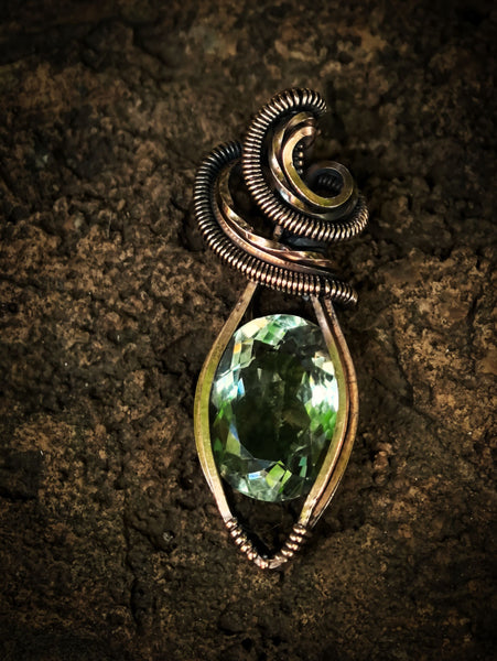 Faceted Prasiolite (Green Amethyst) Gemstone Wire Wrapped In Coiled, Woven Antiqued and Polished Copper Wire - Handcrafted Pendant